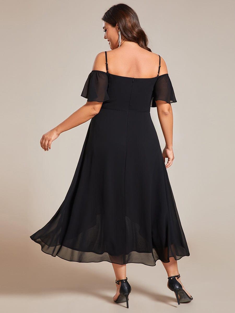 Plus Size Chiffon Cold Shoulder Sweetheart Necklin Midi Wedding Guest Dress