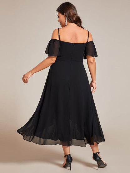 Plus Size Chiffon Cold Shoulder Sweetheart Necklin Midi Wedding Guest Dress