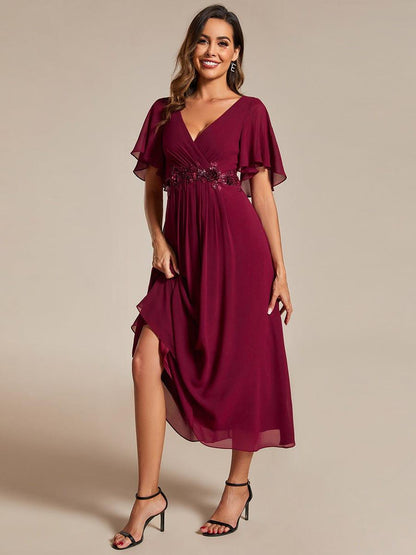 Short Sleeve V-Neck Tea Length Wedding Guest Dress with Floral Applique