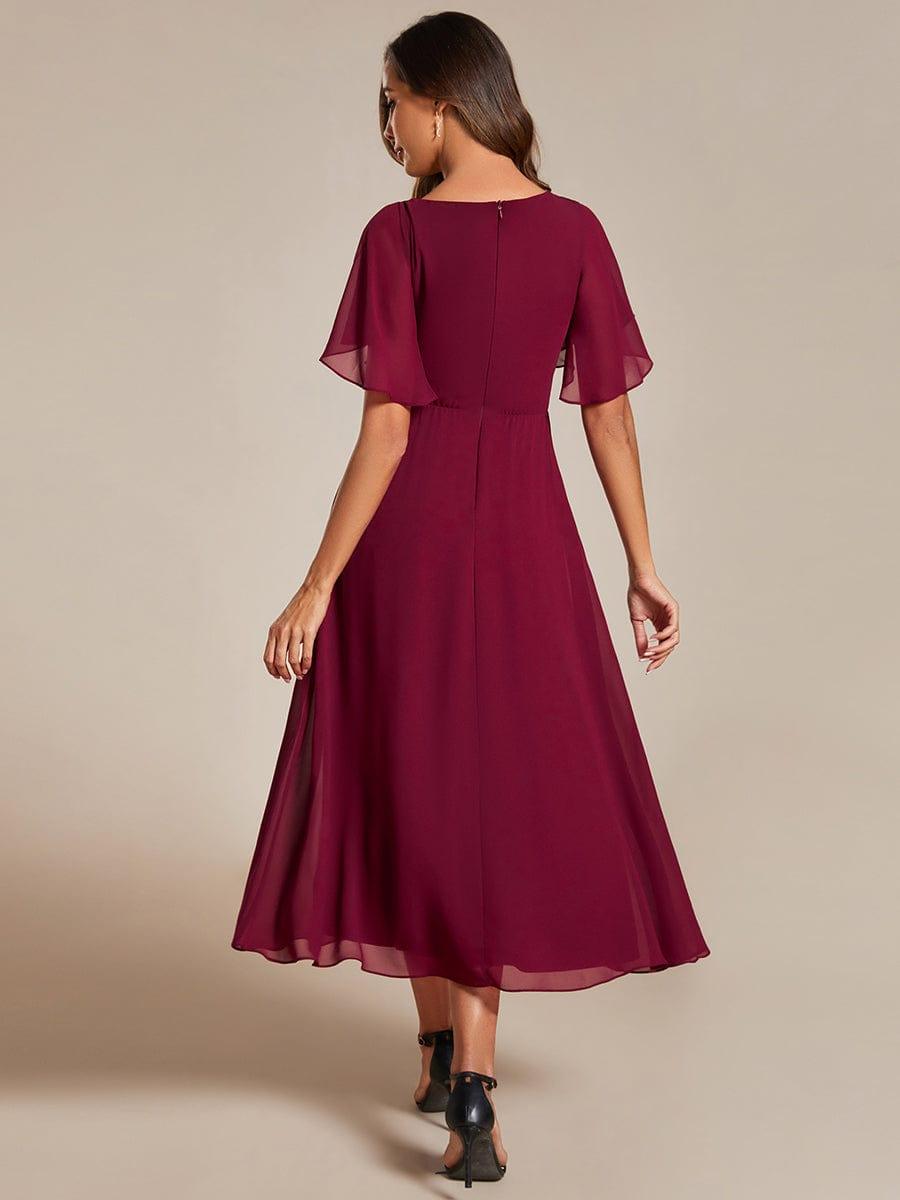 Short Sleeve V-Neck Tea Length Wedding Guest Dress with Floral Applique