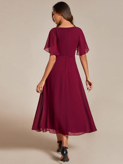 Short Sleeve V-Neck Tea Length Wedding Guest Dress with Floral Applique