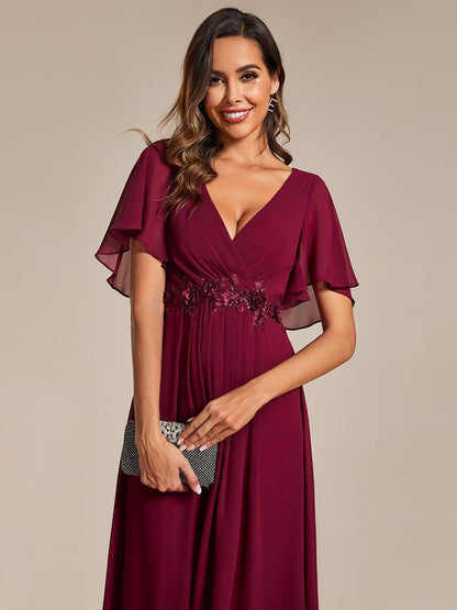 Short Sleeve V-Neck Tea Length Wedding Guest Dress with Floral Applique