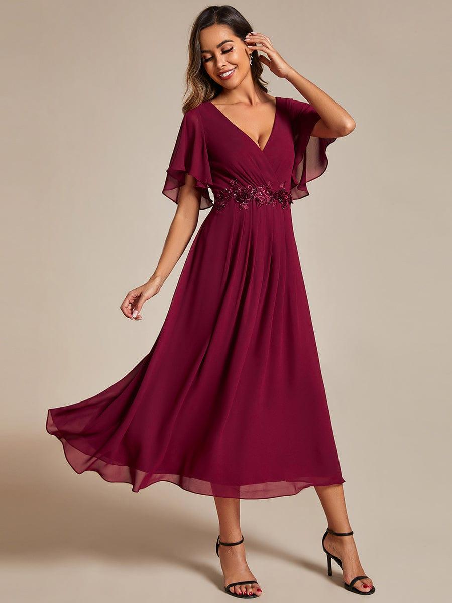 Short Sleeve V-Neck Tea Length Wedding Guest Dress with Floral Applique