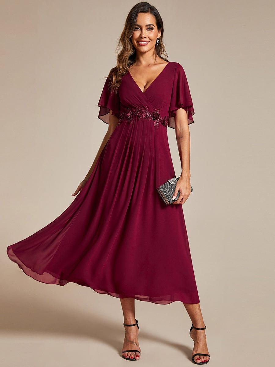 Short Sleeve V-Neck Tea Length Wedding Guest Dress with Floral Applique — Burgundy