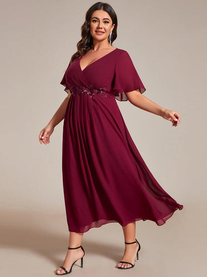 Short Sleeve V-Neck Tea Length Wedding Guest Dress with Floral Applique