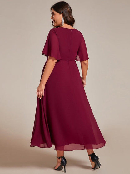 Short Sleeve V-Neck Tea Length Wedding Guest Dress with Floral Applique