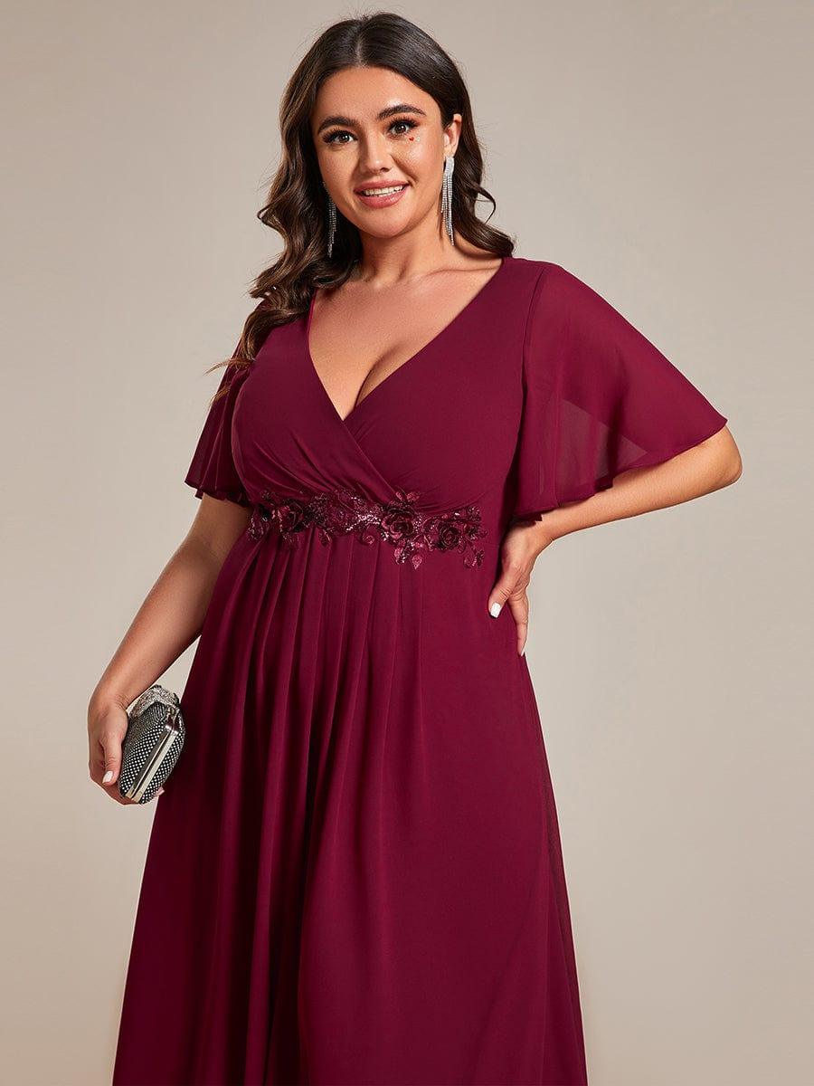 Short Sleeve V-Neck Tea Length Wedding Guest Dress with Floral Applique