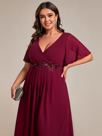 Short Sleeve V-Neck Tea Length Wedding Guest Dress with Floral Applique