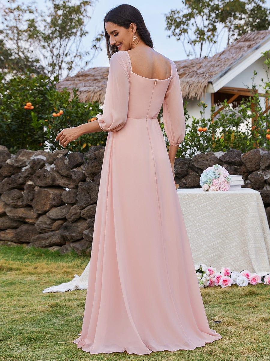 Chiffon High-Slit Waist Pleated Off Shoulder Bridesmaid Dress with Long Sleeve