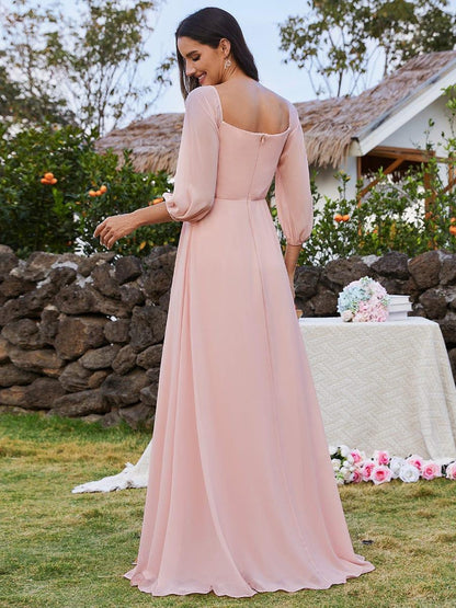Chiffon High-Slit Waist Pleated Off Shoulder Bridesmaid Dress with Long Sleeve