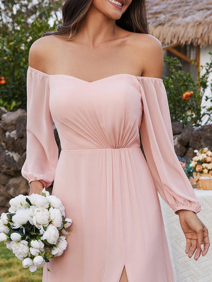 Chiffon High-Slit Waist Pleated Off Shoulder Bridesmaid Dress with Long Sleeve