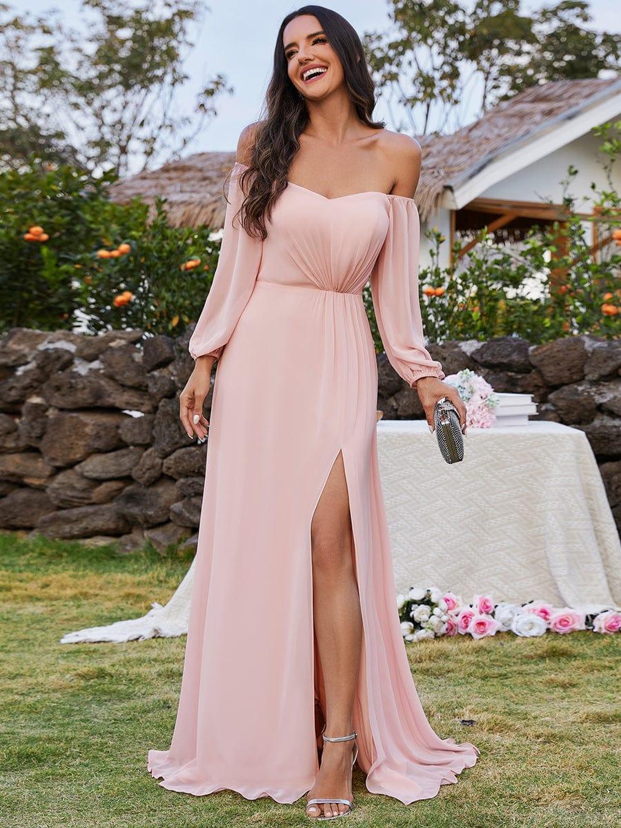 Chiffon High-Slit Waist Pleated Off Shoulder Bridesmaid Dress with Long Sleeve