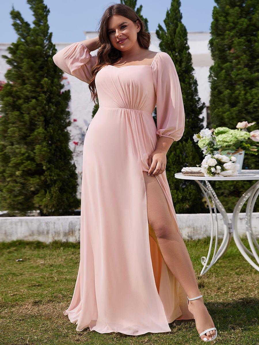 Chiffon High-Slit Waist Pleated Off Shoulder Bridesmaid Dress with Long Sleeve
