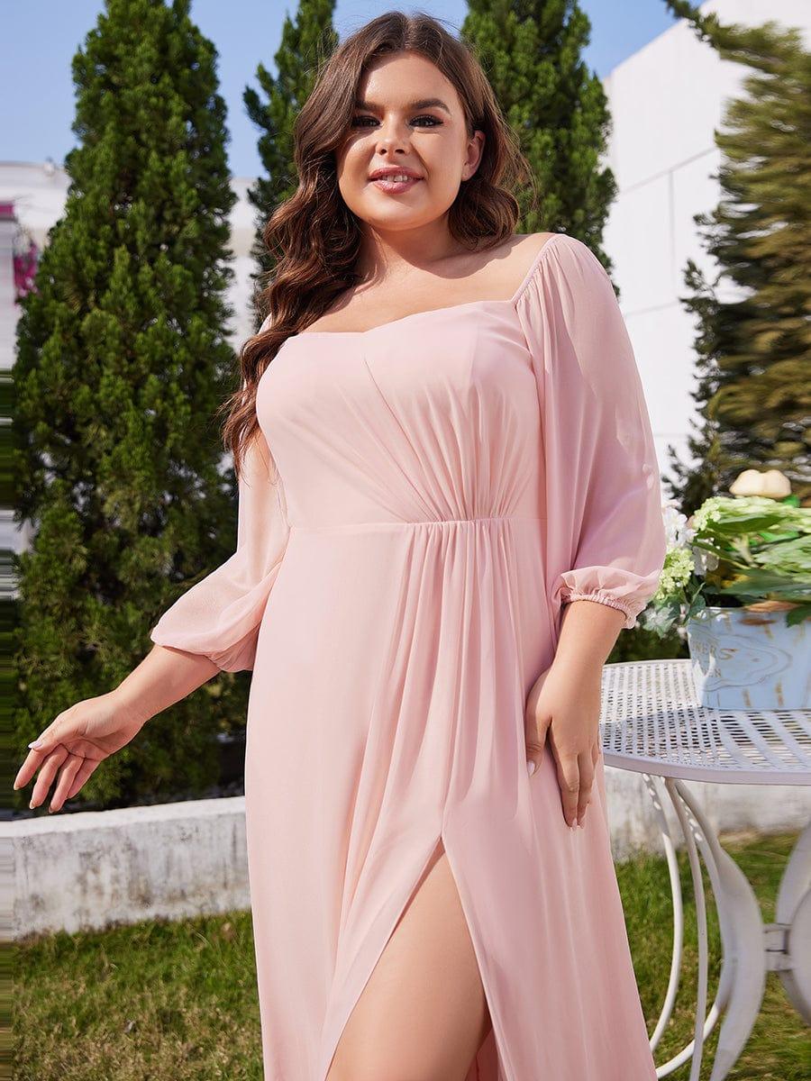 Chiffon High-Slit Waist Pleated Off Shoulder Bridesmaid Dress with Long Sleeve