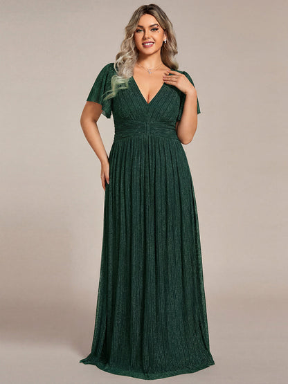 Plus Size V-Neck Glittery Short Sleeve Formal Evening Dress with Empire Waist — Dark Green