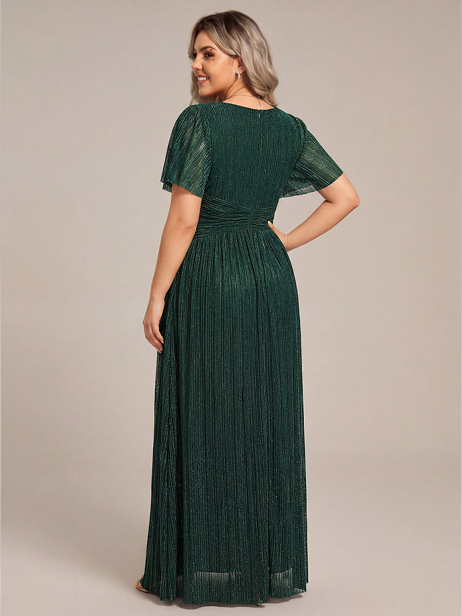 Plus Size V-Neck Glittery Short Sleeve Formal Evening Dress with Empire Waist