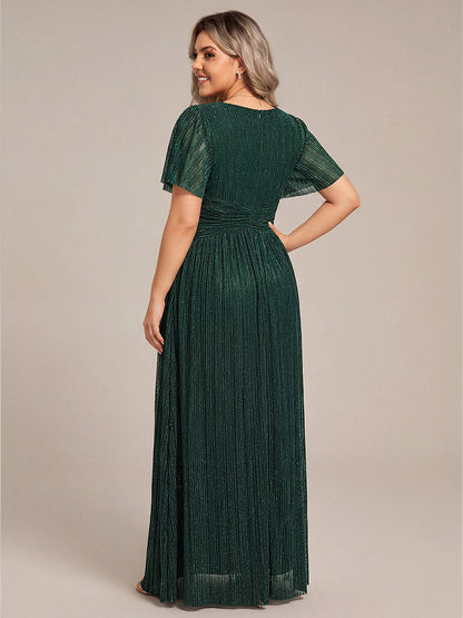 Plus Size V-Neck Glittery Short Sleeve Formal Evening Dress with Empire Waist