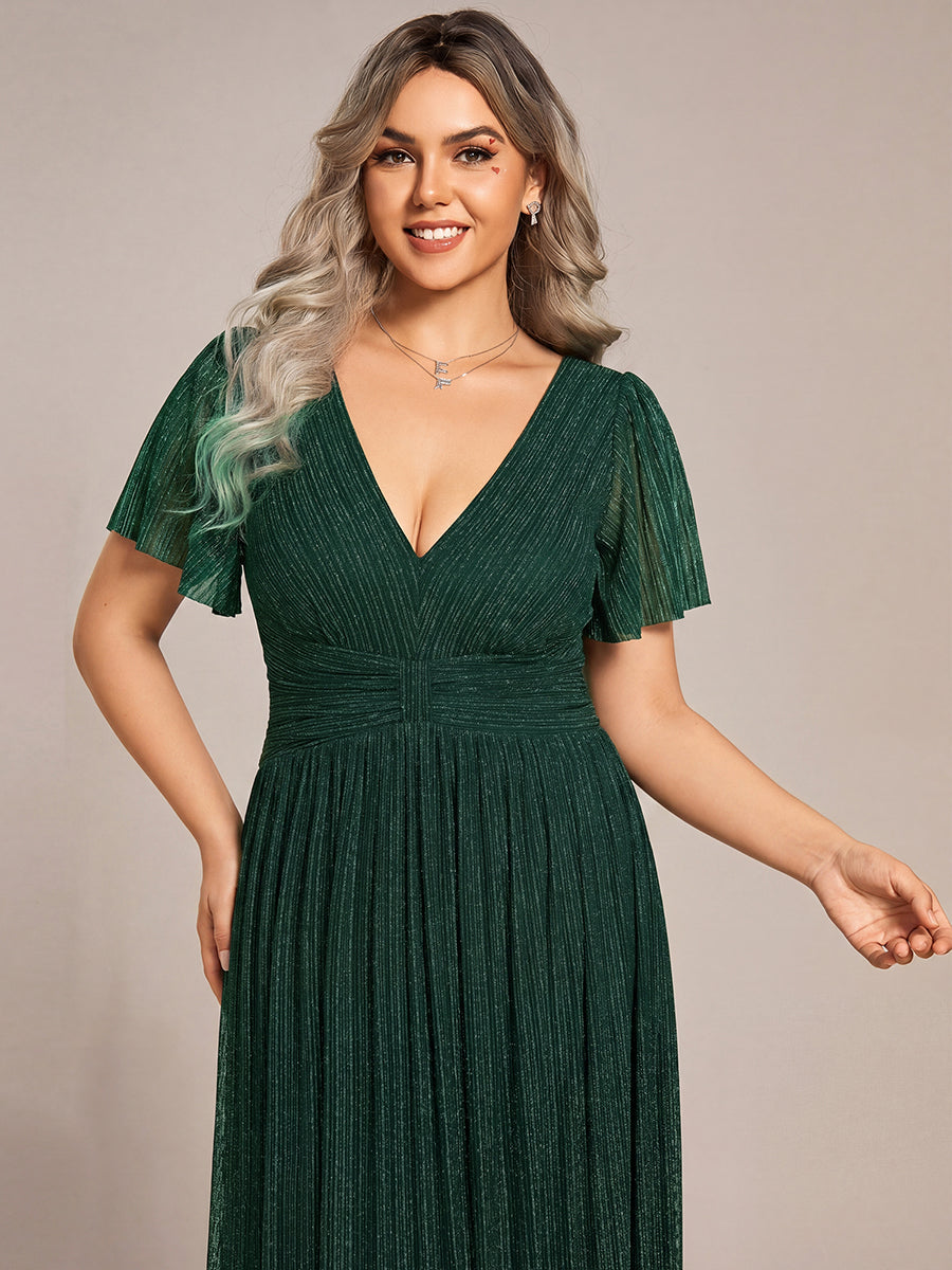 Plus Size V-Neck Glittery Short Sleeve Formal Evening Dress with Empire Waist