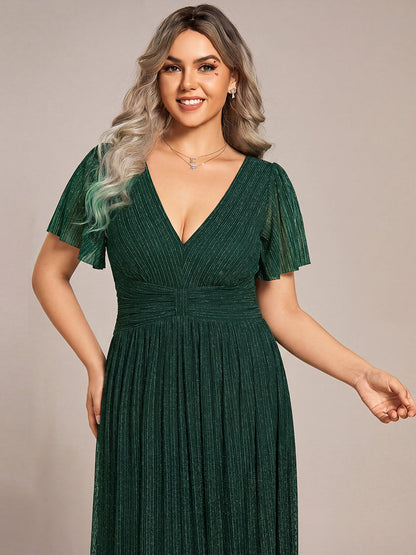 Plus Size V-Neck Glittery Short Sleeve Formal Evening Dress with Empire Waist