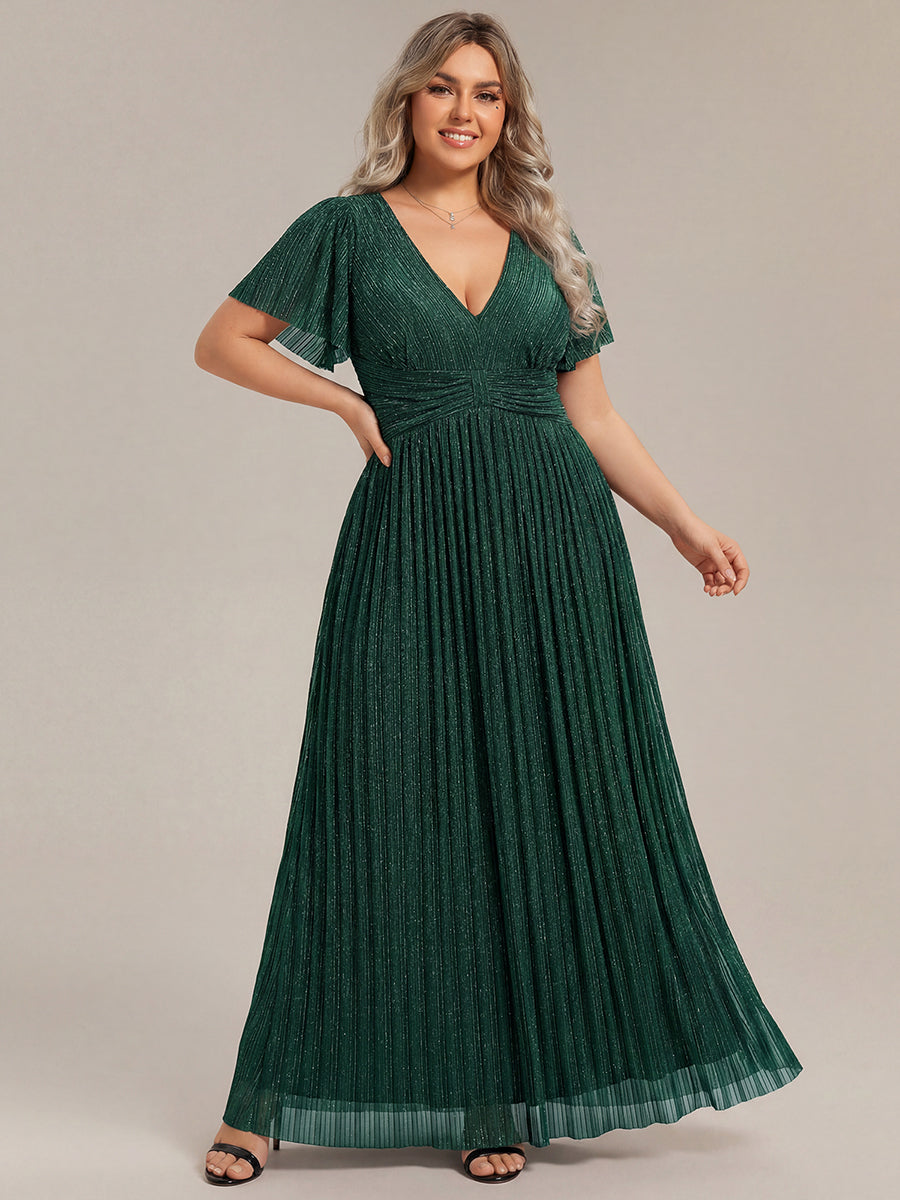 Plus Size V-Neck Glittery Short Sleeve Formal Evening Dress with Empire Waist