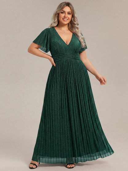 Plus Size V-Neck Glittery Short Sleeve Formal Evening Dress with Empire Waist