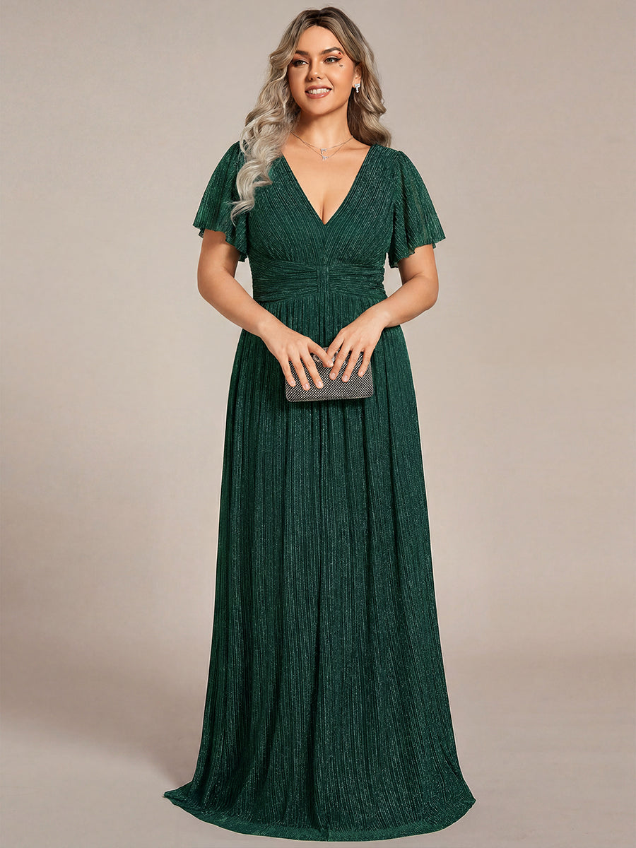 Plus Size V-Neck Glittery Short Sleeve Formal Evening Dress with Empire Waist