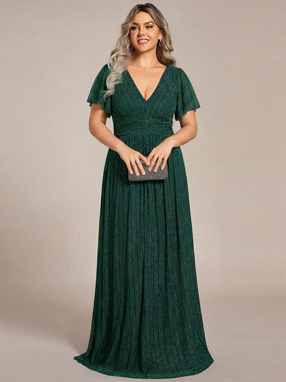 Plus Size V-Neck Glittery Short Sleeve Formal Evening Dress with Empire Waist
