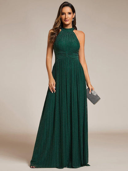 Halter Neck Pleated Glittery Formal Evening Dress with Empire Waist — Dark Green