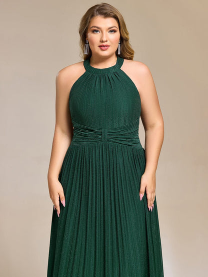 Halter Neck Pleated Glittery Formal Evening Dress with Empire Waist