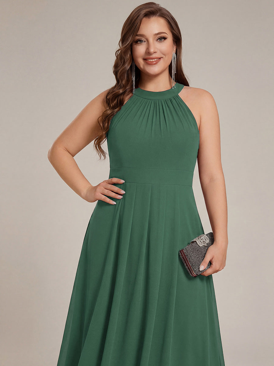 Chiffon Flowy Plus Size Halter Neck Midi Wedding Guest Dress