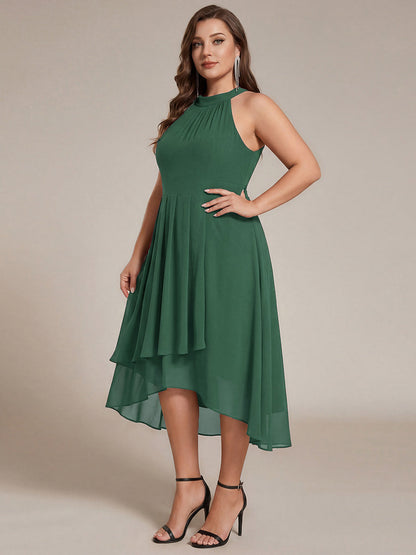 Chiffon Flowy Plus Size Halter Neck Midi Wedding Guest Dress