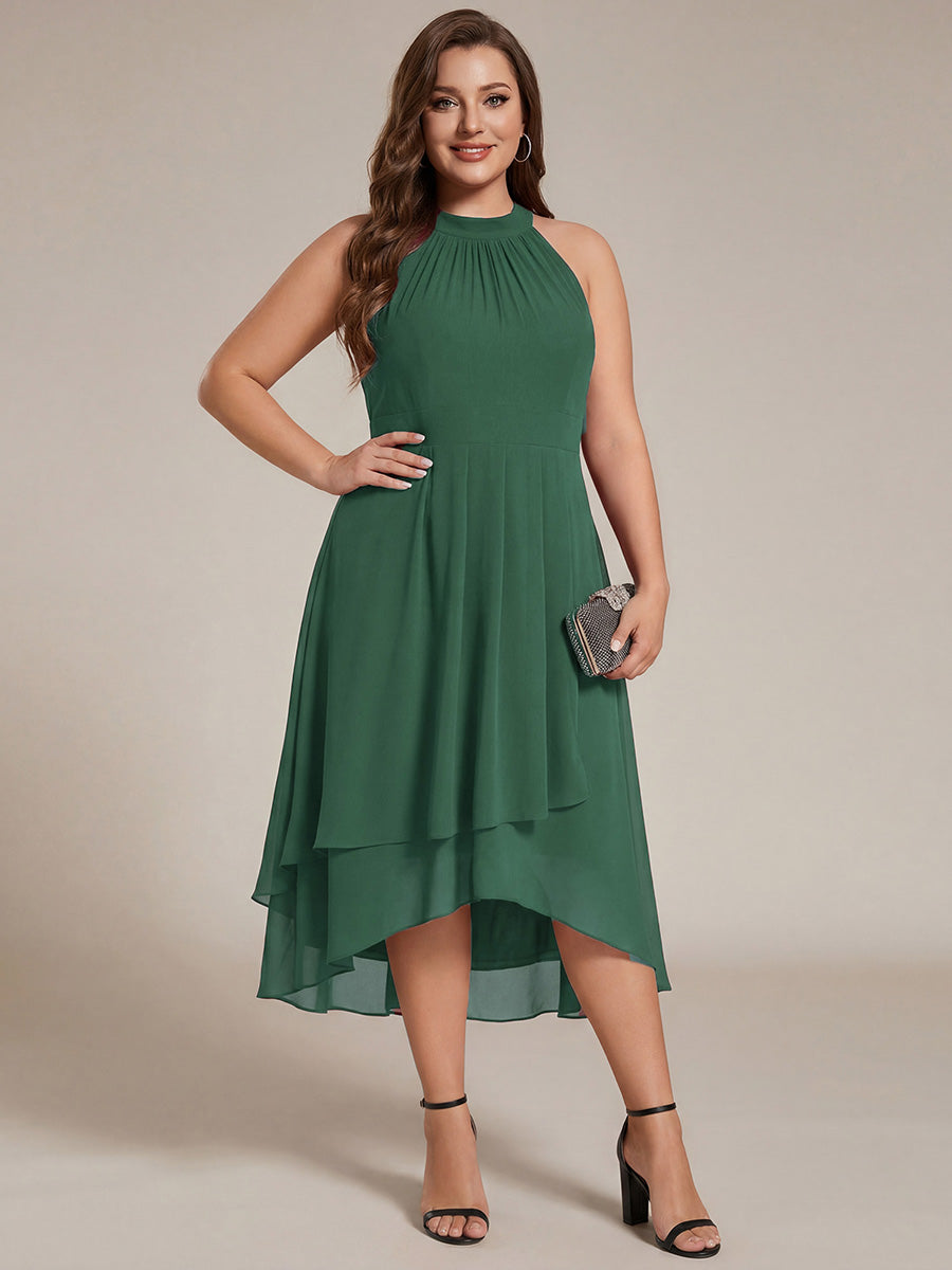Chiffon Flowy Plus Size Halter Neck Midi Wedding Guest Dress