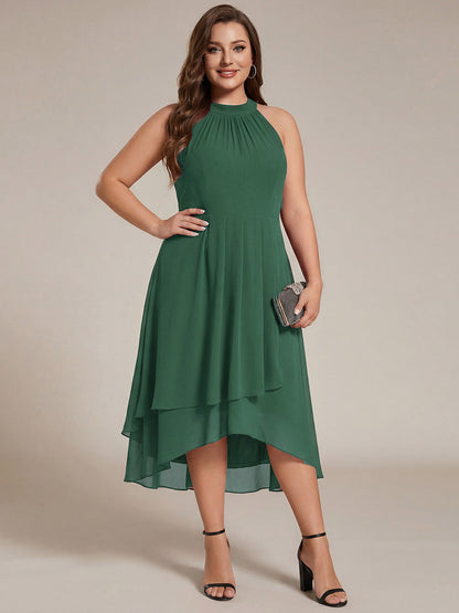 Chiffon Flowy Plus Size Halter Neck Midi Wedding Guest Dress