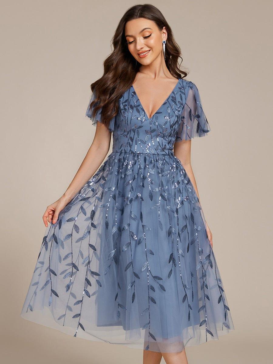 Sequin Short Sleeve Leaf A-Line Midi Formal Wedding Guest Dress