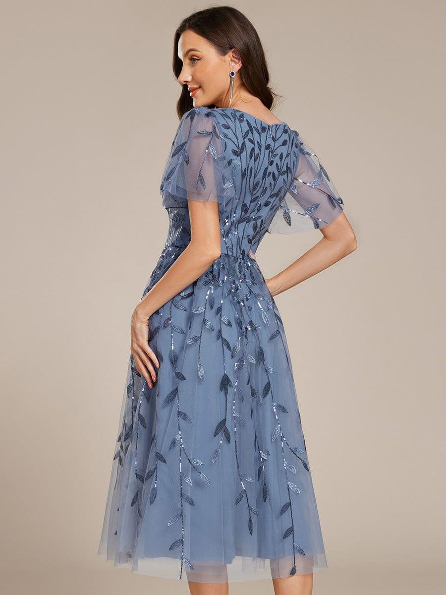 Sequin Short Sleeve Leaf A-Line Midi Formal Wedding Guest Dress