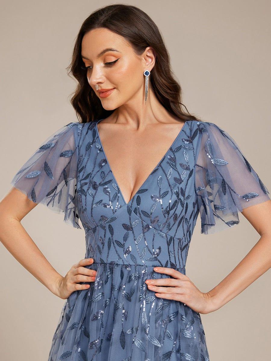 Sequin Short Sleeve Leaf A-Line Midi Formal Wedding Guest Dress