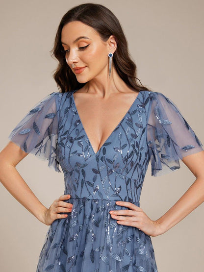 Sequin Short Sleeve Leaf A-Line Midi Formal Wedding Guest Dress