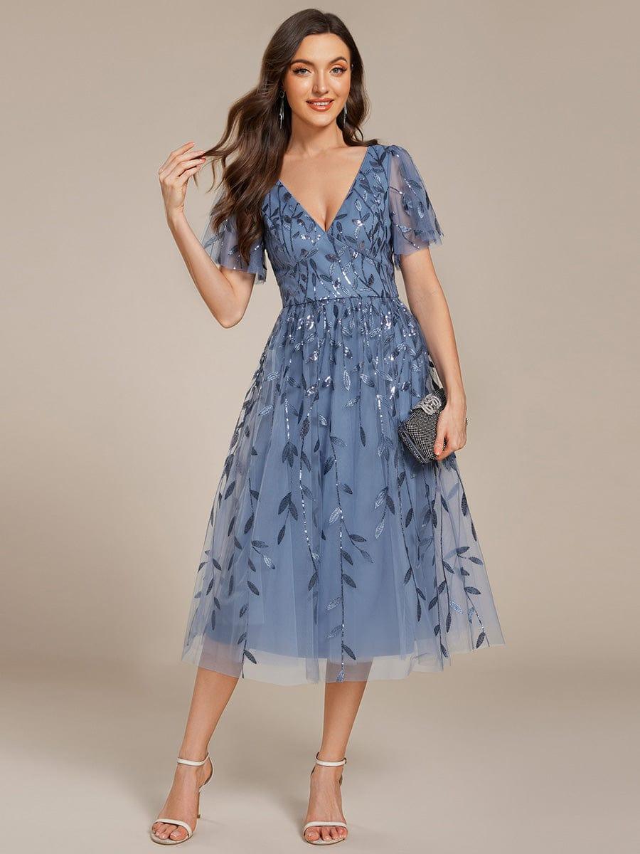 Sequin Short Sleeve Leaf A-Line Midi Formal Wedding Guest Dress — Dusty Blue