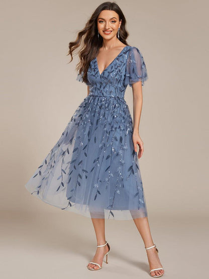 Sequin Short Sleeve Leaf A-Line Midi Formal Wedding Guest Dress