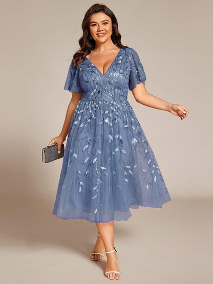Sequin Short Sleeve Leaf A-Line Midi Formal Wedding Guest Dress