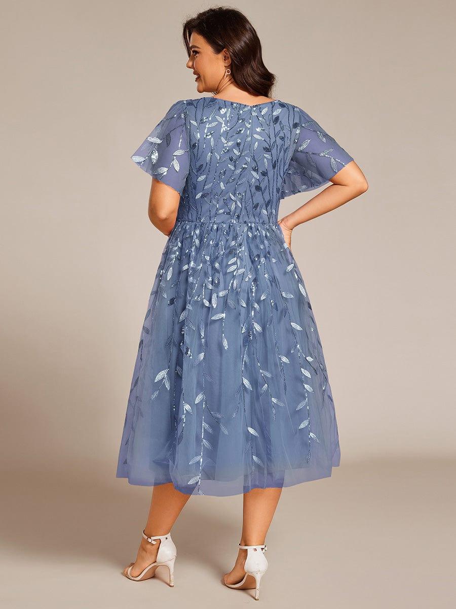 Sequin Short Sleeve Leaf A-Line Midi Formal Wedding Guest Dress