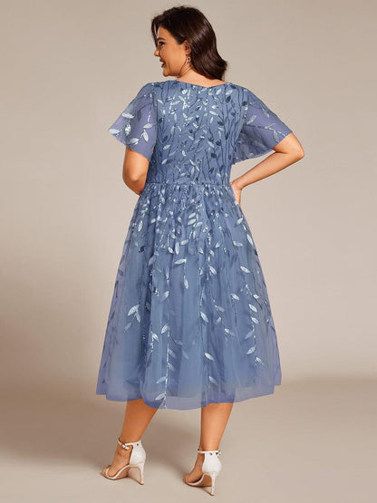 Sequin Short Sleeve Leaf A-Line Midi Formal Wedding Guest Dress