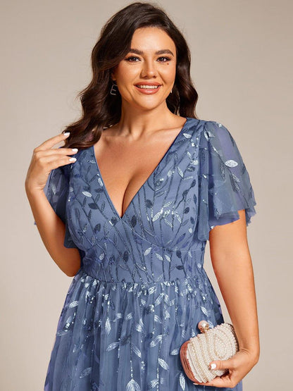Sequin Short Sleeve Leaf A-Line Midi Formal Wedding Guest Dress