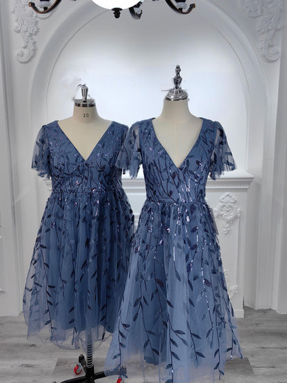 Sequin Short Sleeve Leaf A-Line Midi Formal Wedding Guest Dress