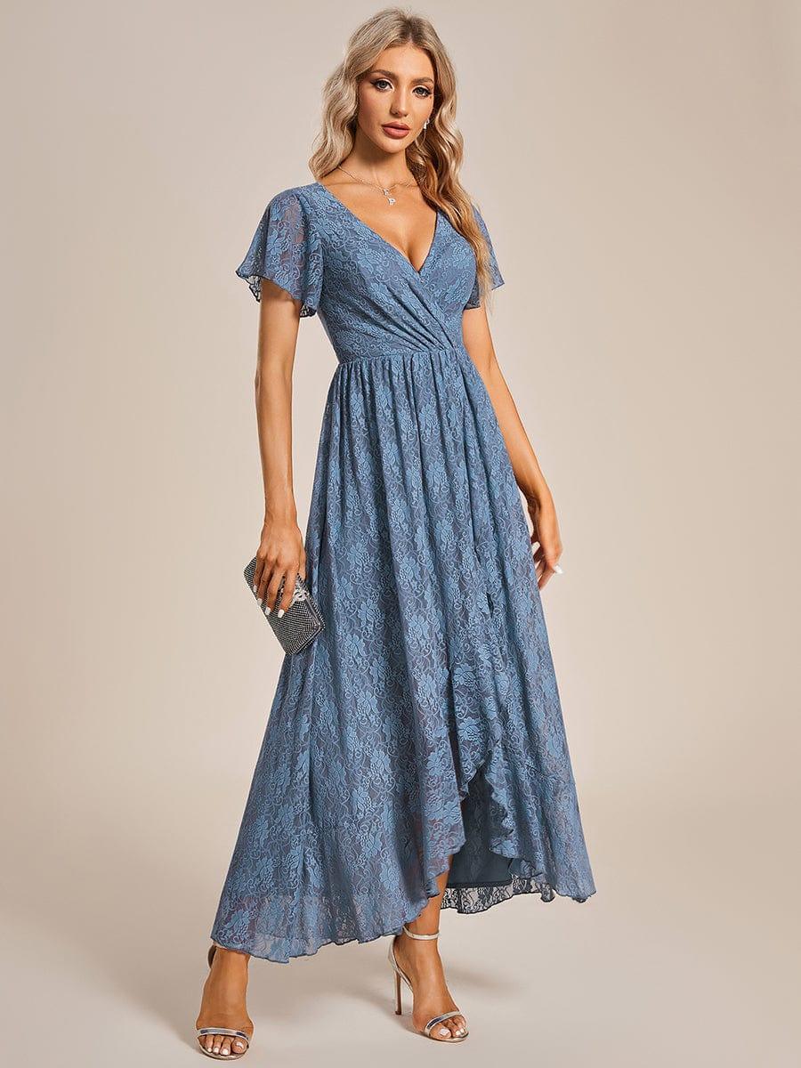 Lace Pleated V-Neck Short Sleeve Ruffled Wedding Guest Dress — Dusty Blue