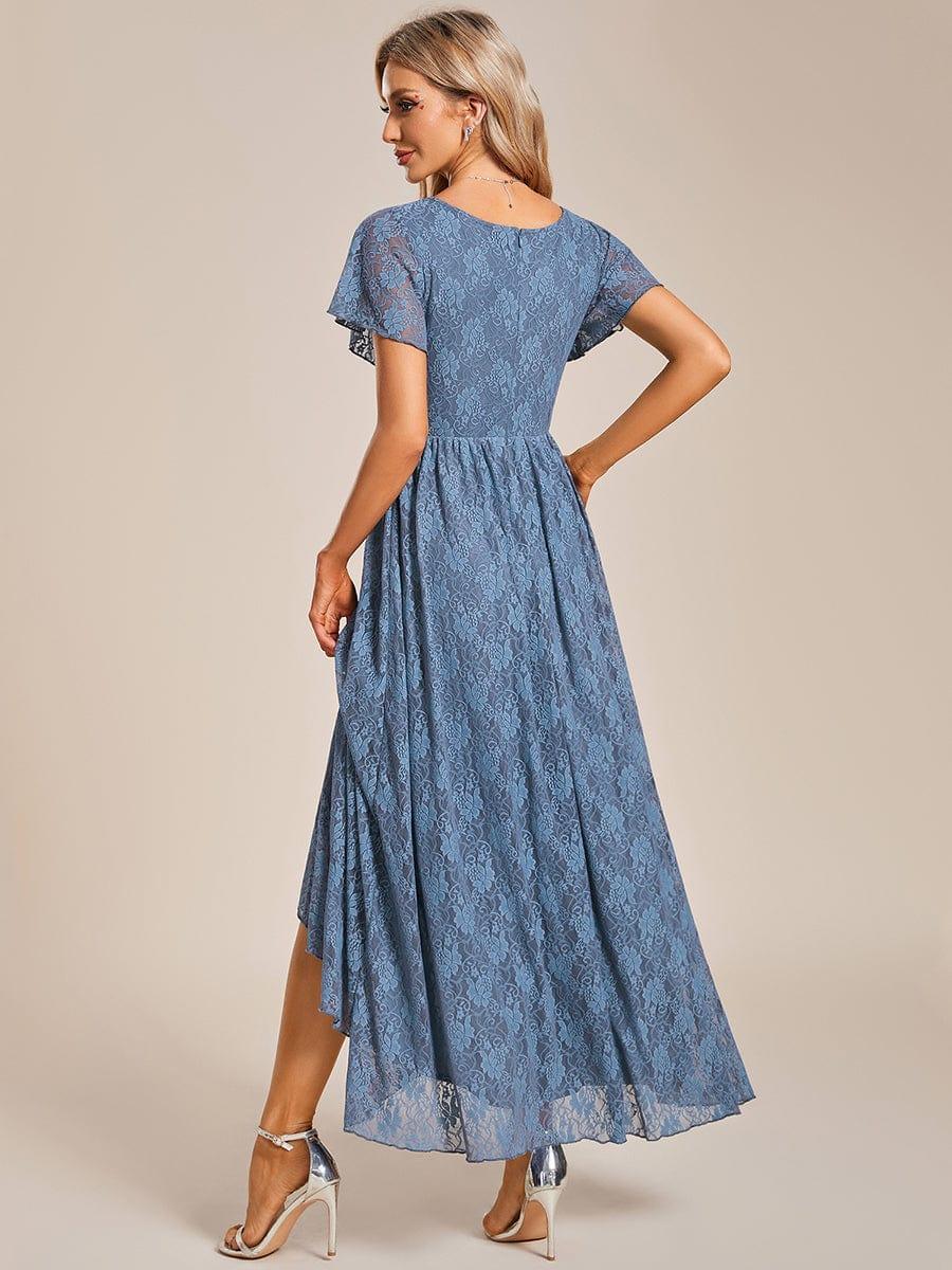 Lace Pleated V-Neck Short Sleeve Ruffled Wedding Guest Dress