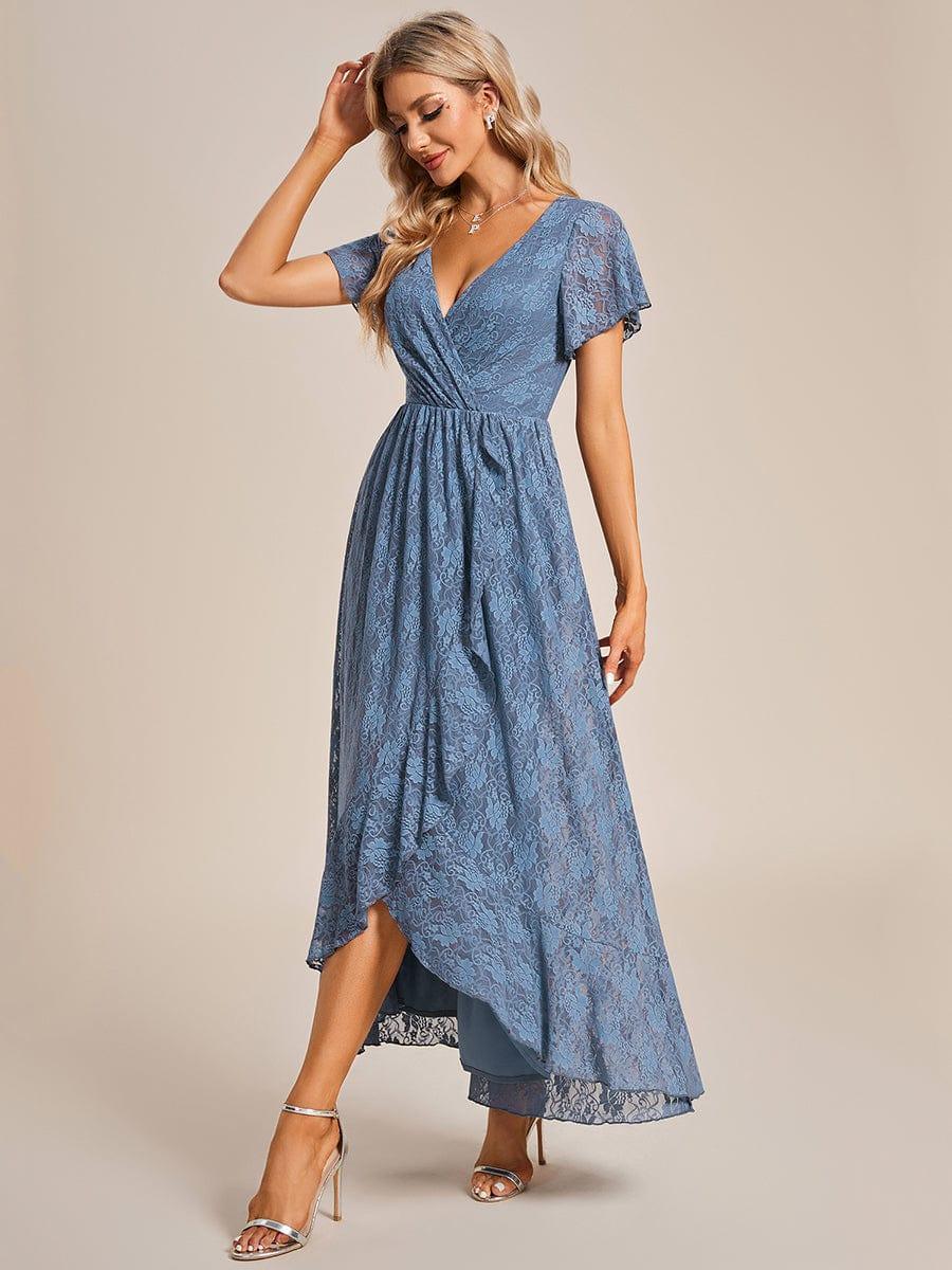 Lace Pleated V-Neck Short Sleeve Ruffled Wedding Guest Dress