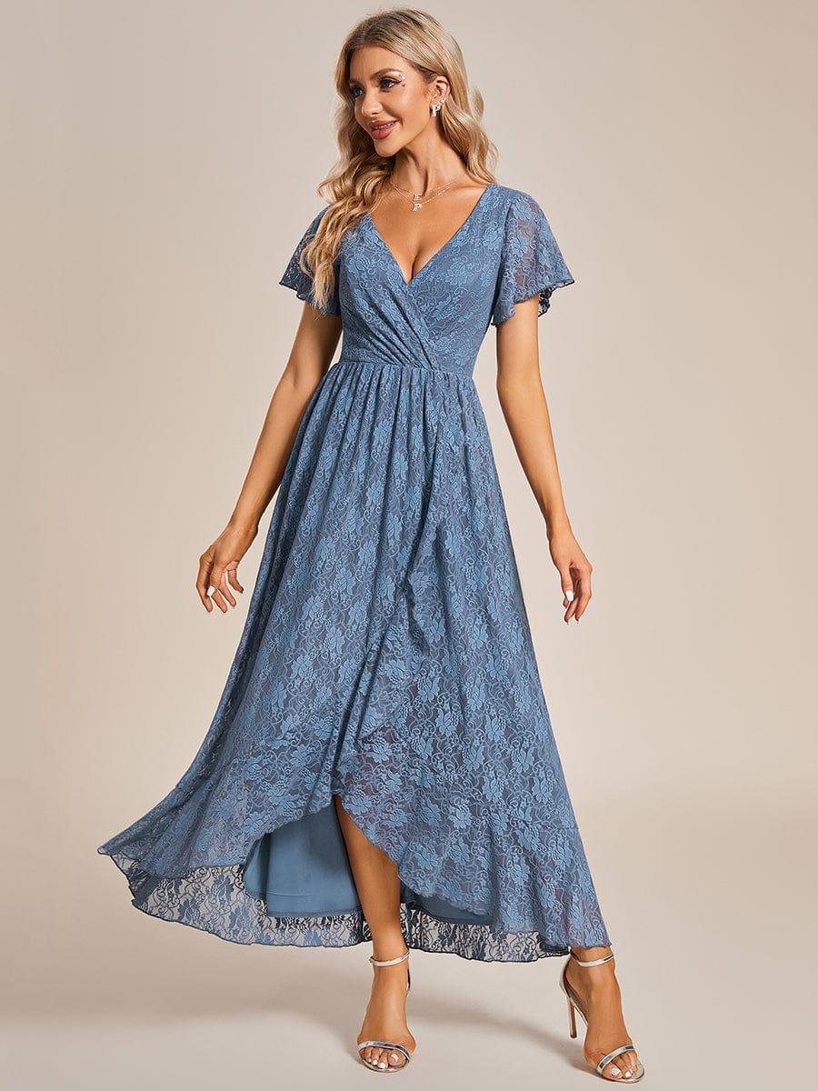 Lace Pleated V-Neck Short Sleeve Ruffled Wedding Guest Dress
