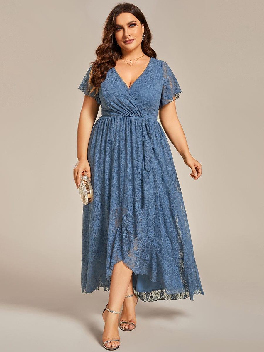 Lace Pleated V-Neck Short Sleeve Ruffled Wedding Guest Dress