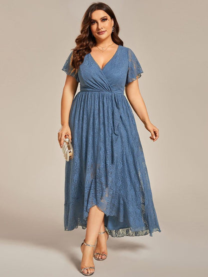 Lace Pleated V-Neck Short Sleeve Ruffled Wedding Guest Dress